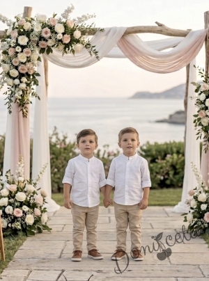 Детска риза с дълъг ръкав за момче в бяло без яка