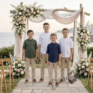 Детска риза с дълъг ръкав за момче в бяло без яка