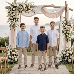 Детска риза с дълъг ръкав за момче в бяло без яка