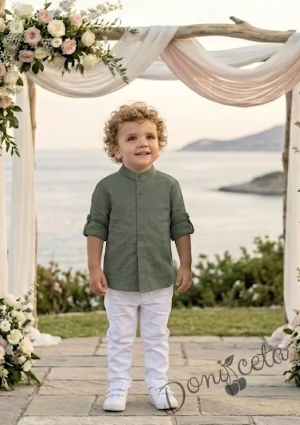 Детска риза с дълъг ръкав за момче в зелено без яка 