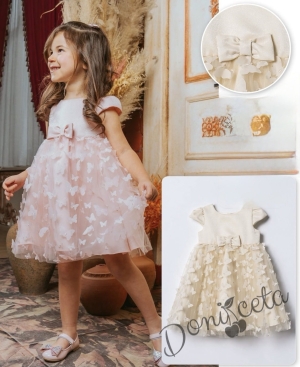 Ефирна детска рокля с 3D пеперуди в екрю с къс ръкав