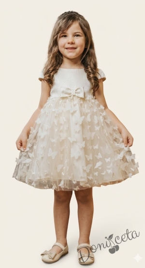 Ефирна детска рокля с 3D пеперуди в екрю с къс ръкав