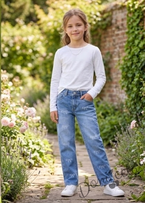 Детски дънки в синьо за момиче с панделки