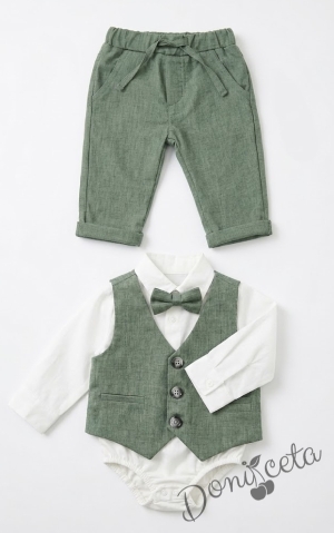Бебешки официален комплект за момче от 4 части- боди риза в бяло, панталон, елек и папийонка в зелено от колекция Зелениада