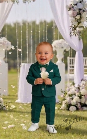 Официален детски костюм със сако за момче от 4 части в зелено-сако, панталон,  боди риза в бяло и папийонка 
