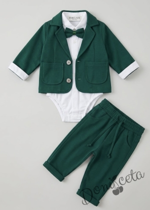 Официален детски костюм със сако за момче от 4 части в зелено-сако, панталон,  боди риза в бяло и папийонка 