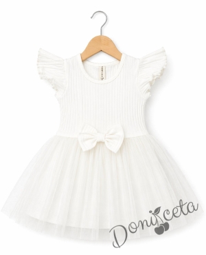 Ежедневна детска рокля с къс ръкав в екрю с къдрички и тюл в долната част Оливия