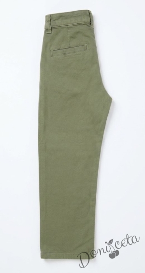 Детски спортно-елегантен панталон за момче в зелено с копче