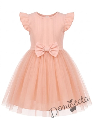 Ежедневна детска рокля с къс ръкав в прасковено с къдрички и тюл в долната част Оливия