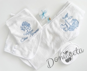 Комплект от хавлии за кръщене за момче с бродерия в синьо