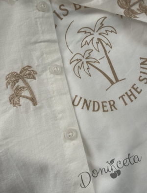 Летен комплект за момче от 3 части - риза с къс ръкав на палми , бяла тениска с щампа и бежови къси панталони