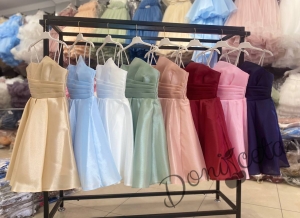 Елегантна къса официална детска рокля Лара с асиметрично деколте в тъмносиньо