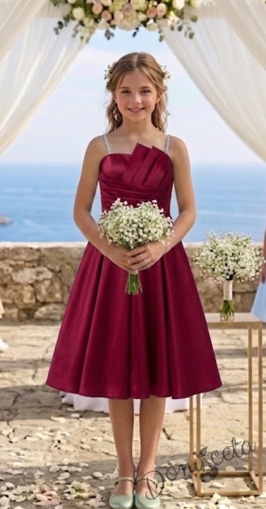 Елегантна къса официална детска рокля Лара с асиметрично деколте в червено