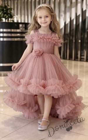Официална празнична детска рокля Мелиса в пепел от розис ефирен тюл с шлейф 