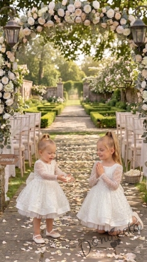 Детска официална детска рокля в бяло с  пайети с дълъг ръкав Естел