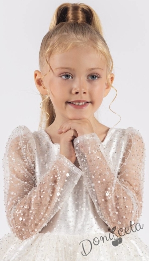 Детска официална детска рокля в бяло с  пайети с дълъг ръкав Естел