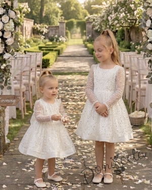 Детска официална детска рокля в бяло с  пайети с дълъг ръкав Естел