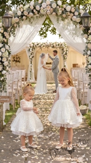 Детска официална детска рокля в бяло с  пайети с дълъг ръкав Естел