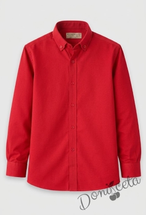 Детска риза за момче в червено с дълъг ръкав подходяща и за ученическа униформа 