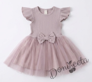 Ежедневна детска рокля с къс ръкав в пепел от рози с къдрички и тюл в долната част Оливия