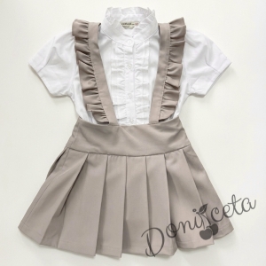 Комплект от 3 части-детски сукман от плат Калина за момиче с къдрички в бежово, ризка в бяло с къс ръкав и панделка за риза  от колекция Бежина