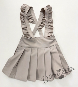 Комплект от 3 части-детски сукман от плат Калина за момиче с къдрички в бежово, ризка в бяло с къс ръкав и панделка за риза  от колекция Бежина