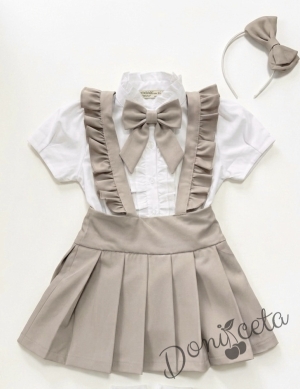 Комплект от 5 части-детски сукман от плат Калина за момиче в бежово, ризка в бяло с къс ръкав с панделка, чорапи и диадема от колекция Бежина