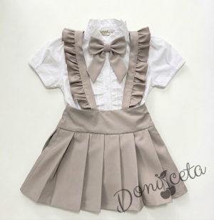 Комплект от 4 части-детски сукман от плат Калина за момиче с къдрички в бежово, ризка в бяло с къс ръкав с панделка за риза  и диадема от колекция Бежина