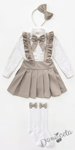 Комплект от 5 части-детски сукман от плат Калина за момиче в бежово, ризка в бяло с дълъг  ръкав с панделка, чорапи и диадема от колекция Бежина