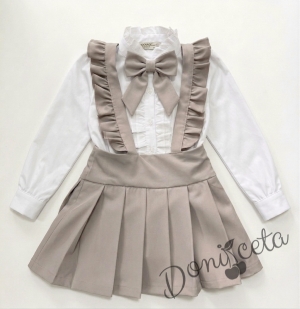 Комплект от 5 части-детски сукман от плат Калина за момиче в бежово, ризка в бяло с дълъг  ръкав с панделка, чорапи и диадема от колекция Бежина