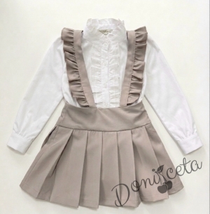 Комплект от 5 части-детски сукман от плат Калина за момиче в бежово, ризка в бяло с дълъг  ръкав с панделка, чорапи и диадема от колекция Бежина