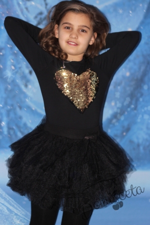 Children's long sleeve t-shirt in black with sequins in golden colour