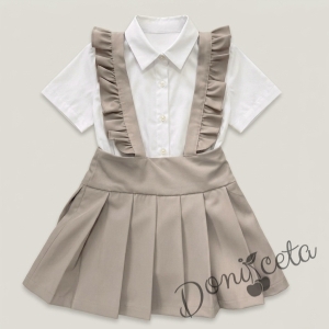 Комплект от детски сукман от плат Калина за момиче с къдрички в бежово и ризка в бяло с къс ръкав от колекция Бежина