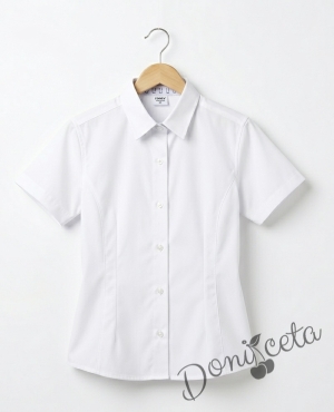 Комплект от детски сукман от плат Калина за момиче с къдрички в бежово и ризка в бяло с къс ръкав от колекция Бежина