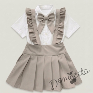 Комплект от 3 части-детски сукман от плат Калина за момиче с къдрички в бежово, риза в бяло с къс ръкав и панделка за риза  от колекция Бежина