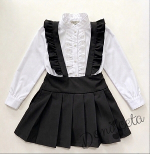 Комплект от 2 части  детски сукман от плат Калина за момиче с къдрички в черно и ризка в бяло с дълъг ръкав 