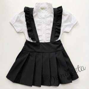 Комплект от детски сукман от плат Калина за момиче с къдрички в черно и ризка в бяло с къс ръкав 