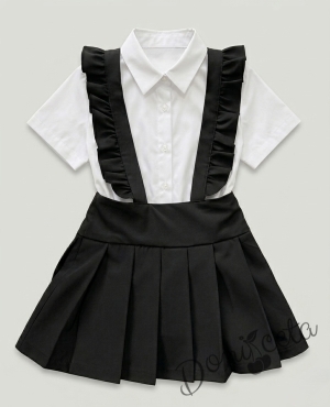 Комплект от детски сукман от плат Калина за момиче с къдрички в черно и риза в бяло с къс ръкав 