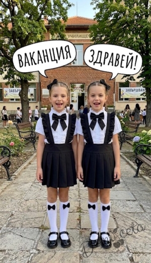 Комплект от 5 части-детски сукман от плат Калина за момиче в черно, ризка в бяло с къс ръкав с панделка, чорапи и диадема 