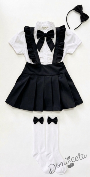 Комплект от 5 части-детски сукман от плат Калина за момиче в черно, ризка в бяло с къс ръкав с панделка, чорапи и диадема 