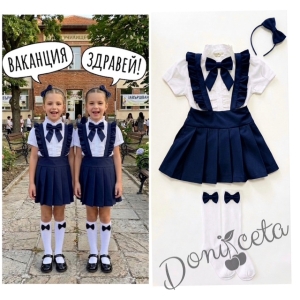 Комплект от 5 части-детски сукман от плат Калина за момиче в тъмносиньо, ризка в бяло с къс ръкав с панделка, чорапи и диадема 