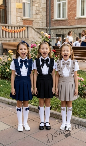 Комплект от 5 части-детски сукман от плат Калина за момиче в тъмносиньо, ризка в бяло с къс ръкав с панделка, чорапи и диадема 