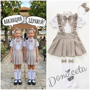 Комплект от 5 части-детски сукман от плат Калина за момиче в бежово, ризка в бяло с къс ръкав с панделка, чорапи и диадема от колекция Бежина