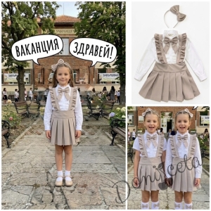 Комплект от 4 части  детски сукман от плат Калина за момиче с къдрички в бежово, ризка в бяло с дълъг ръкав с панделка и диадема от колекция Бежина