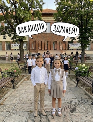 Комплект от 4 части  детски сукман от плат Калина за момиче с къдрички в бежово, ризка в бяло с дълъг ръкав с панделка и диадема от колекция Бежина