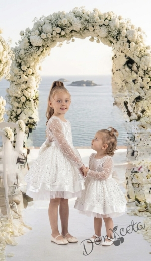 Детска официална детска рокля в бяло с  пайети с дълъг ръкав Естел