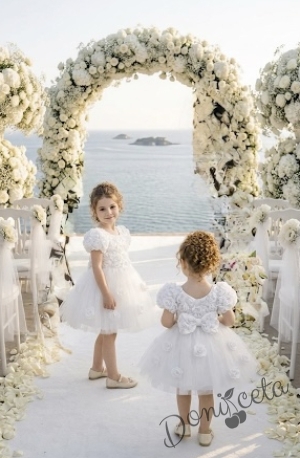 Официална детска рокля Розана с къс ръкав с рози и богат тюл в бяло от колекция Снежина