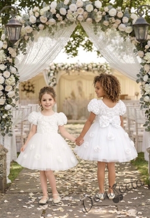 Официална детска рокля Розана с къс ръкав с рози и богат тюл в бяло от колекция Снежина