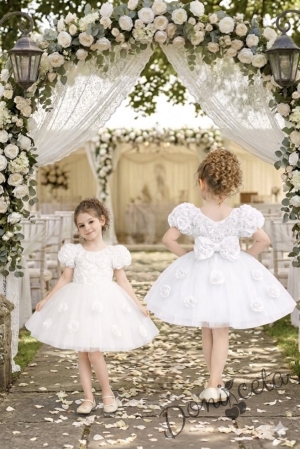 Официална детска рокля Розана с къс ръкав с рози и богат тюл в бяло от колекция Снежина