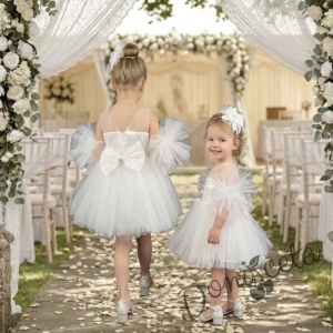 Детска официална рокля Блян без ръкав с блясък и с богат тюл в бяло от колекция Снежина